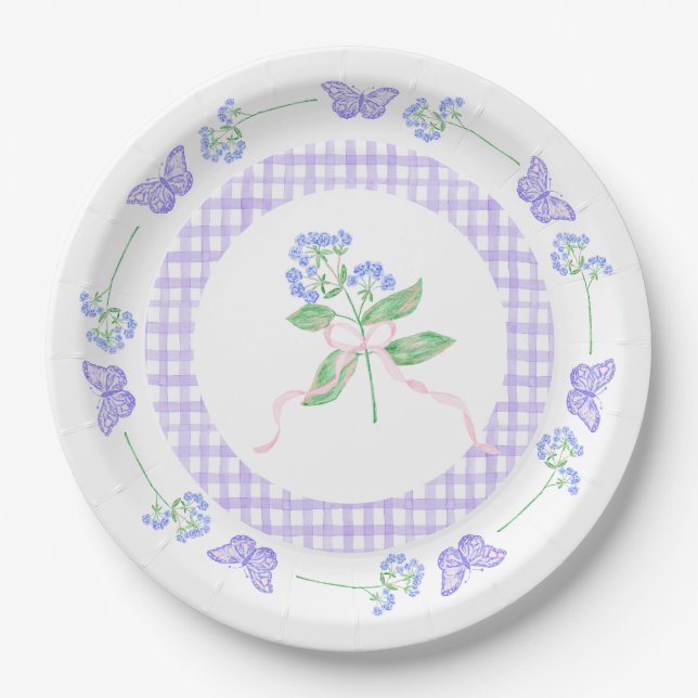 Watercolor Butterfly Paper Plates & Purple Gingham (Front)