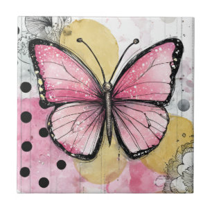 Watercolor Butterfly Pink Boho Nature Art Ceramic Tile