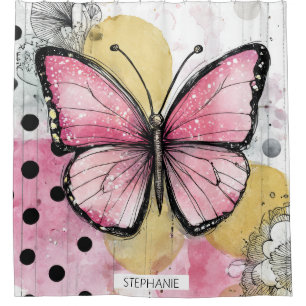 Watercolor Butterfly Pink Boho Nature Art Shower Curtain