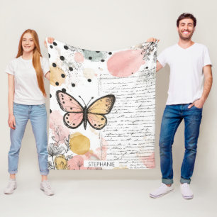 Watercolor Butterfly Pink Gold Boho Nature Art (1) Fleece Blanket