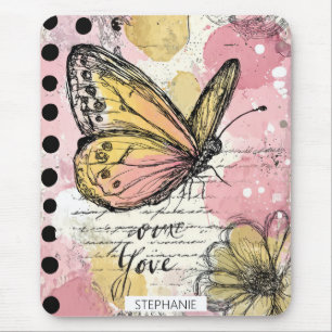 Watercolor Butterfly Pink Gold Boho Nature Art (2) Mouse Pad