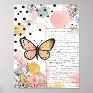 Watercolor Butterfly Pink Gold Boho Nature Art Poster