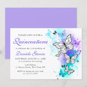 Watercolor Butterfly Purple Turquoise Quinceañera Invitation