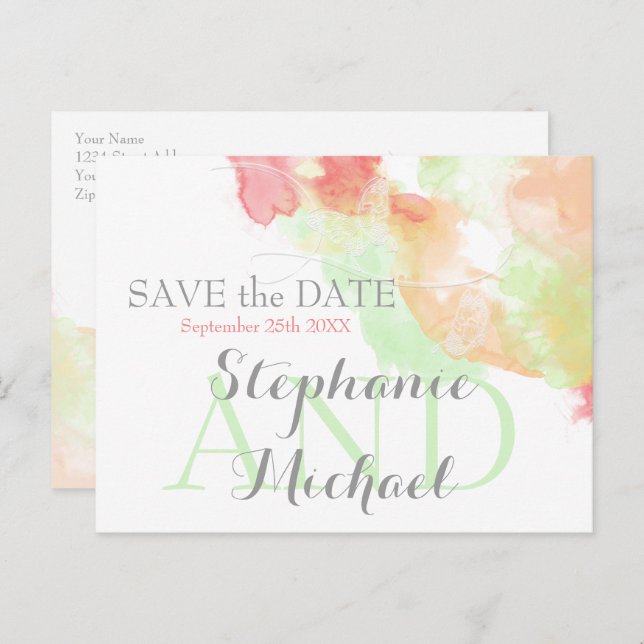 Watercolor Butterfly Rainbow Sherbet SavetheDate Announcement Postcard (Front/Back)