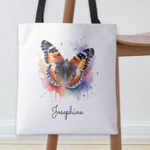 Watercolor Butterfly Red Admiral Custom Name Tote Bag