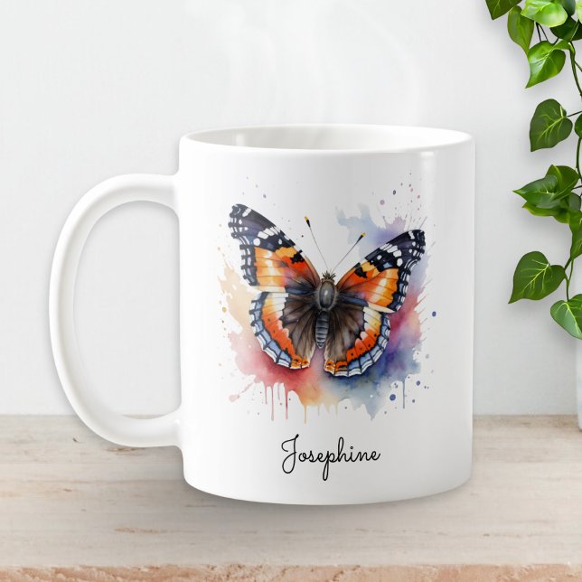 Watercolor Butterfly Red Admiral Personalized Mug (A personalized mug with picture of a red admiral butterfly in a watercolor style)