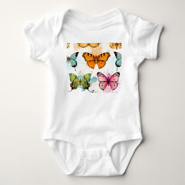 Watercolor Butterfly Seamless Delicate Pattern Baby Bodysuit (Front)