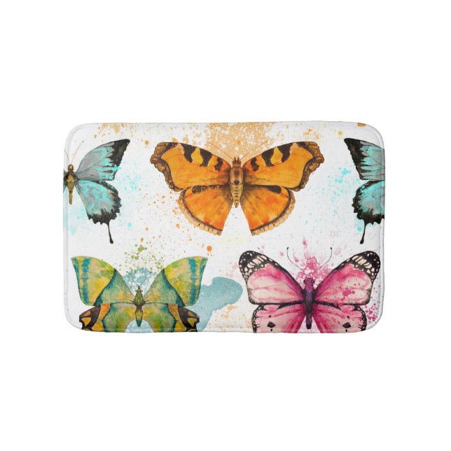 Watercolor Butterfly Seamless Delicate Pattern Bath Mat (Front)