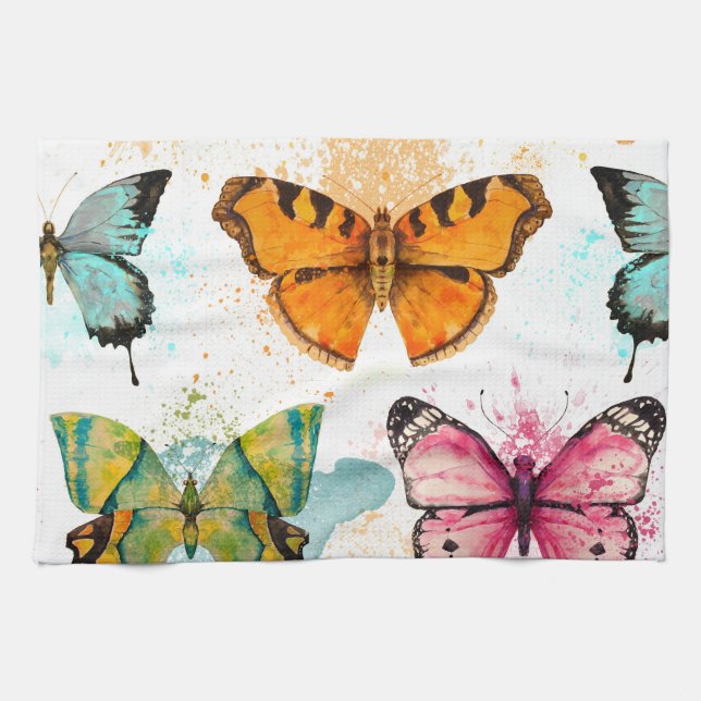Watercolor Butterfly Seamless Delicate Pattern Tea Towel (Horizontal)