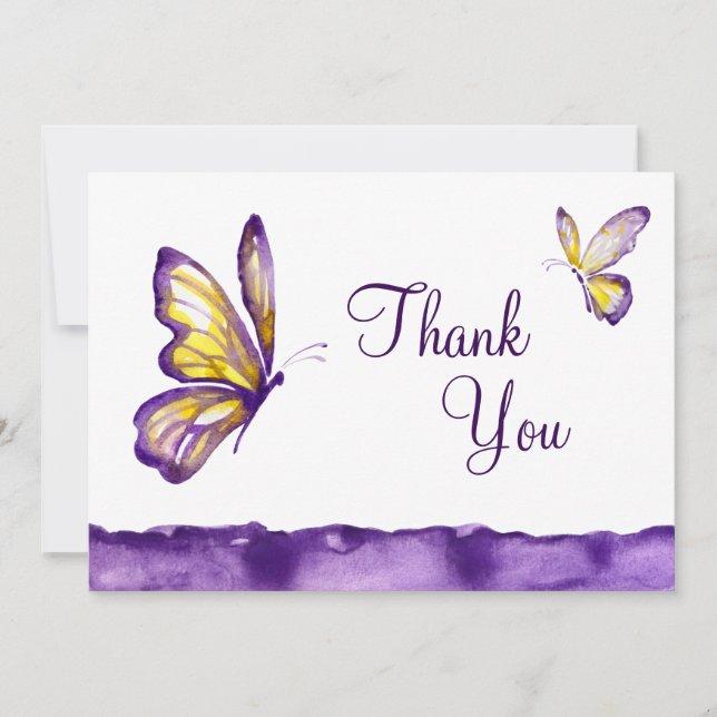 Watercolor Butterfly Thank You Cards Purple Yellow (Front)