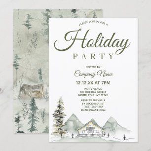 Watercolor Cabin Corporate Holiday Christmas Party Invitation