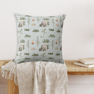 Watercolor Cabin Forest Seamless Pattern Cushion