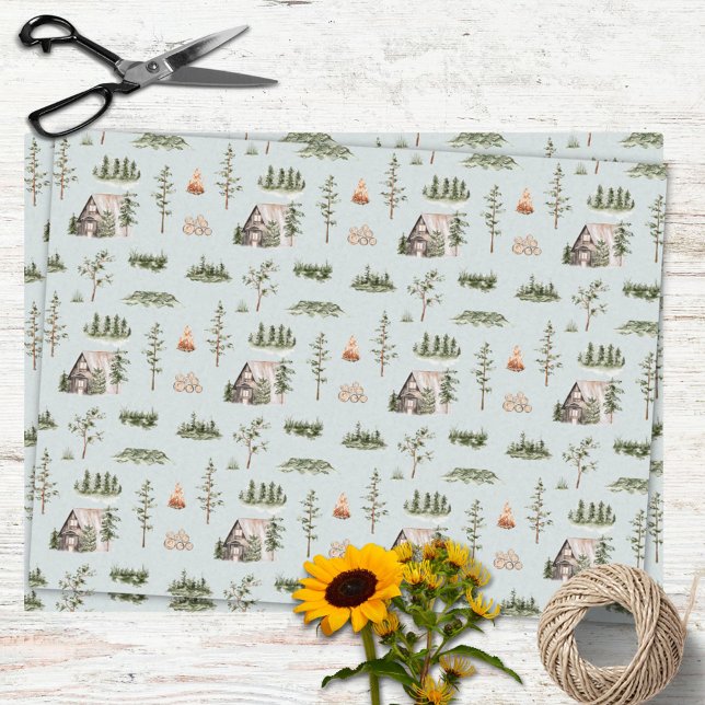 Watercolor Cabin Forest Seamless Pattern Tissue Paper (In situ)