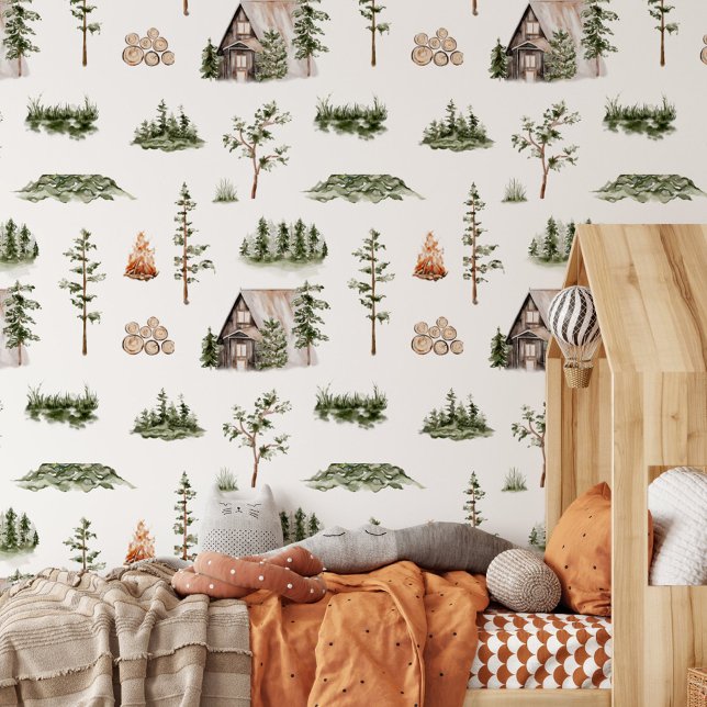 Watercolor Cabin Forest Seamless Pattern Wallpaper (In situ)