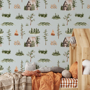 Watercolor Cabin Forest Seamless Pattern Wallpaper