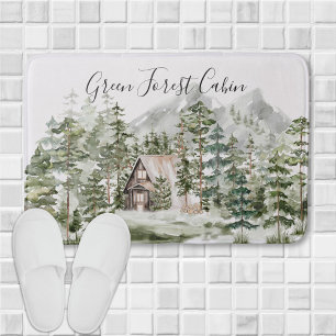 Watercolor Cabin in The Green Pine Forest Woodland Bath Mat