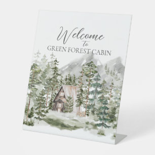 Watercolor Cabin in The Green Pine Forest Woodland Pedestal Sign