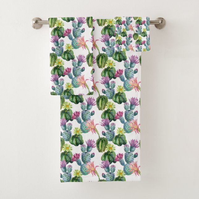 Watercolor Cacti Art Pattern Bath Towel Set (Insitu)