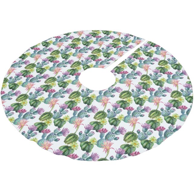 Watercolor Cacti Art Pattern Brushed Polyester Tree Skirt (Angled)