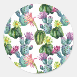 Watercolor Cacti Art Pattern Classic Round Sticker