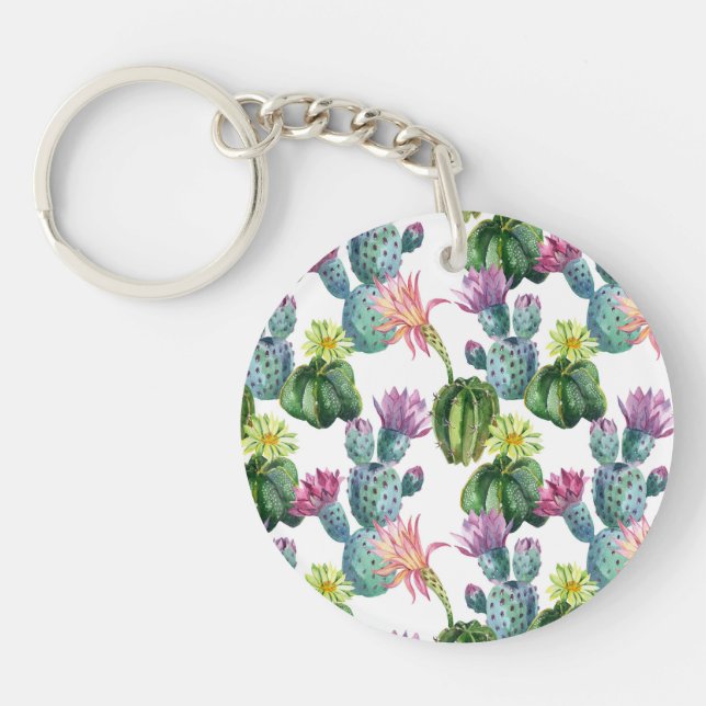 Watercolor Cacti Art Pattern Key Ring (Front)