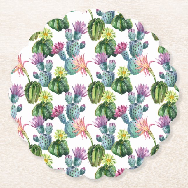 Watercolor Cacti Art Pattern Paper Coaster (Front)