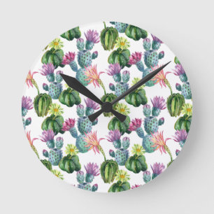 Watercolor Cacti Art Pattern Round Clock