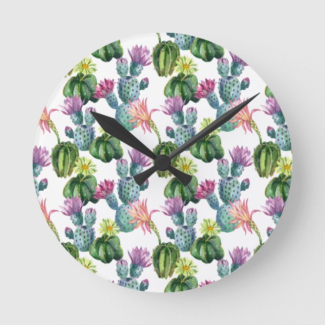Watercolor Cacti Art Pattern Round Clock (Front)