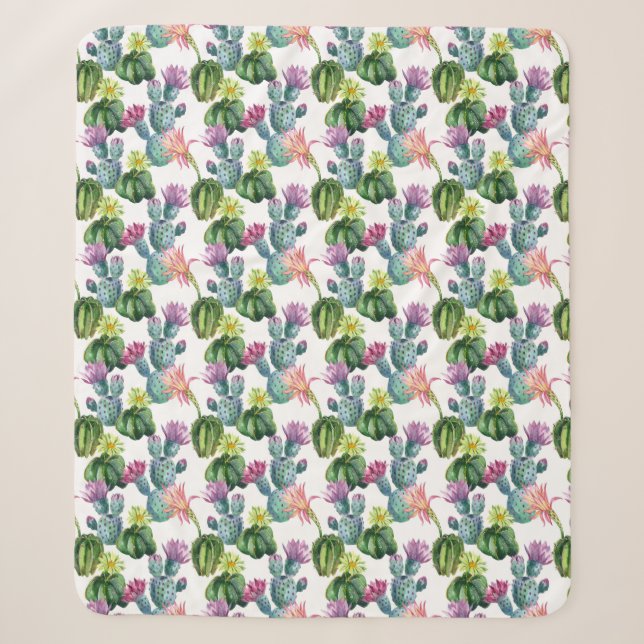 Watercolor Cacti Art Pattern Sherpa Blanket (Front)