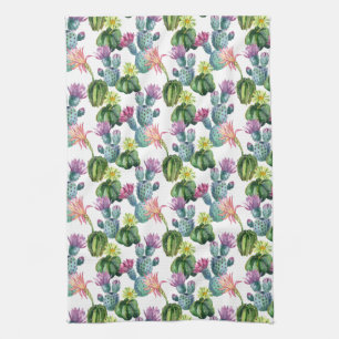 Watercolor Cacti Art Pattern Tea Towel
