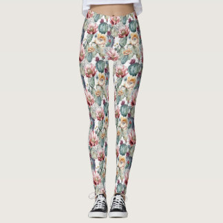 Watercolor Cacti Blooming Succulents Leggings