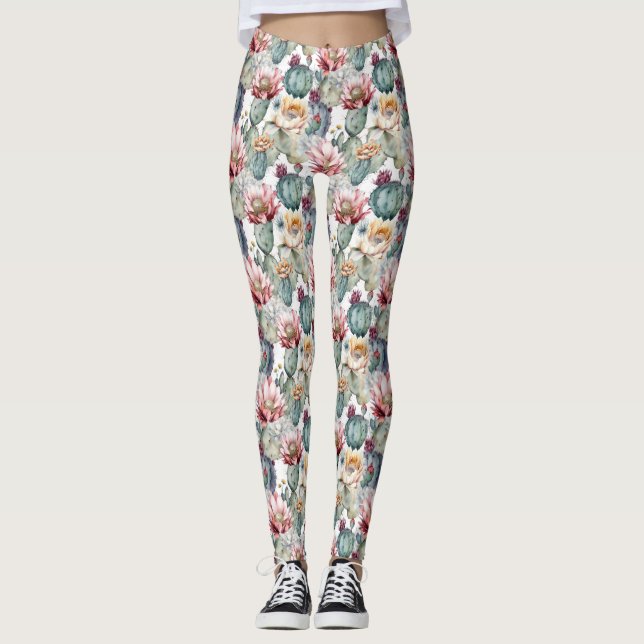 Watercolor Cacti Blooming Succulents Leggings (Front)
