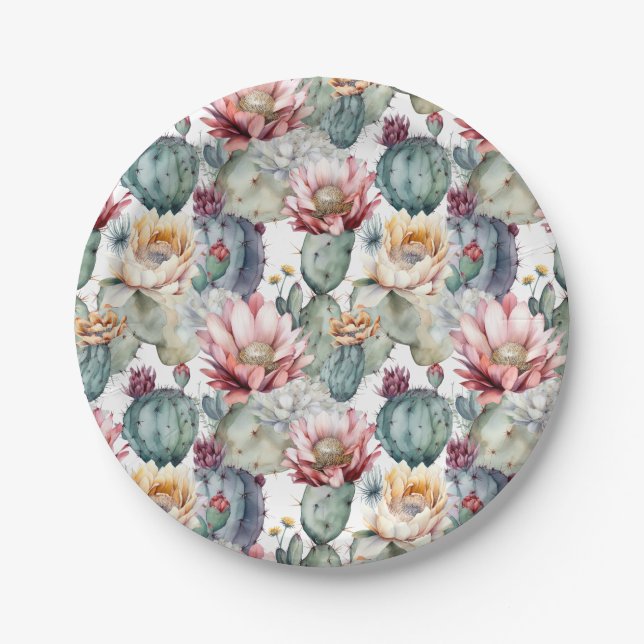 Watercolor Cacti Blooming Succulents Paper Plate (Front)