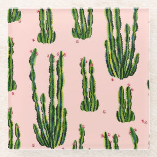 Watercolor Cacti: Blossoming Seamless Pattern Glass Coaster