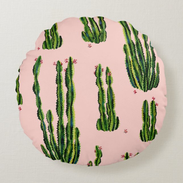 Watercolor Cacti: Blossoming Seamless Pattern Round Cushion (Front)