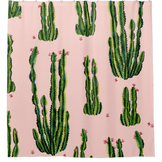 Watercolor Cacti: Blossoming Seamless Pattern Shower Curtain (Front)