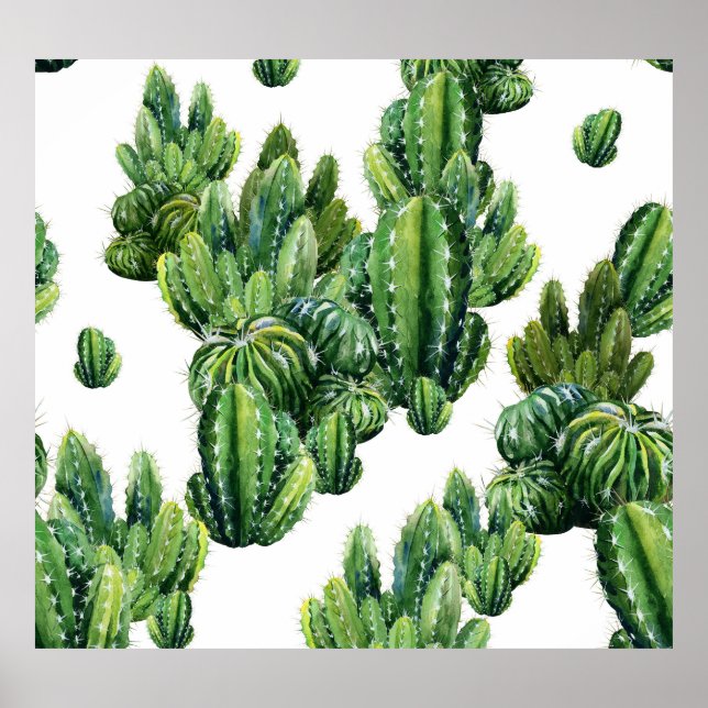 Watercolor Cacti Seamless Illustration Pattern Poster (Front)