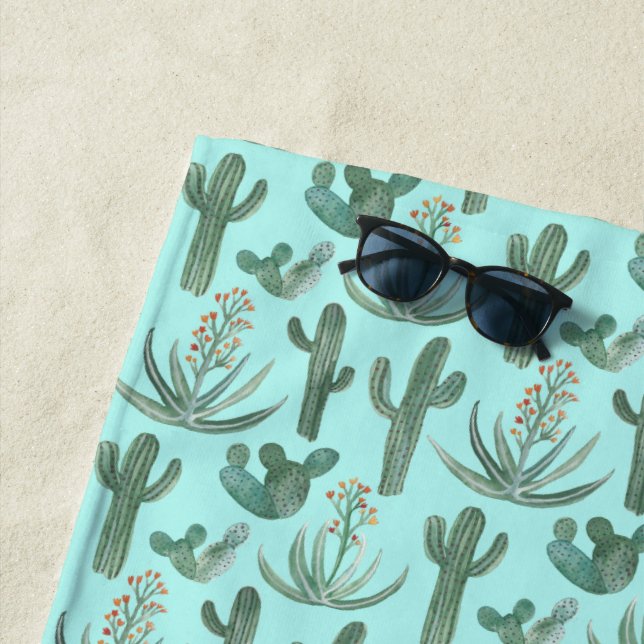 Watercolor Cacti & Succulents Summer Fun Beach Towel (In Situ)