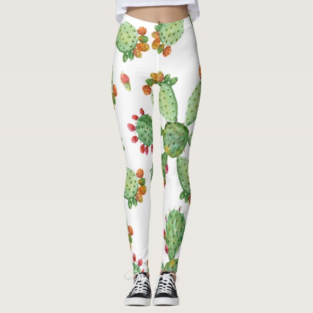 Watercolor Cacti: Tropical Garden Pattern. Leggings (Front)