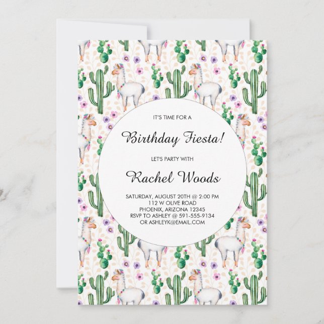 Watercolor Cactus and Llama Birthday Fiesta Invitation (Front)