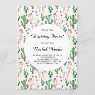 Watercolor Cactus and Llama Birthday Fiesta Invitation