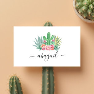 Watercolor Cactus and Pink Floral Elegant Business Card