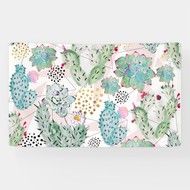 watercolor cactus and triangles pattern banner (Horizontal)
