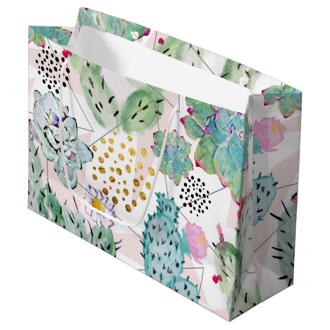 watercolor cactus and triangles pattern large gift bag (Front Angled)