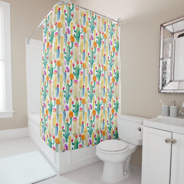 Watercolor Cactus Art Pattern Desert Colourful Fun Shower Curtain (In Situ)
