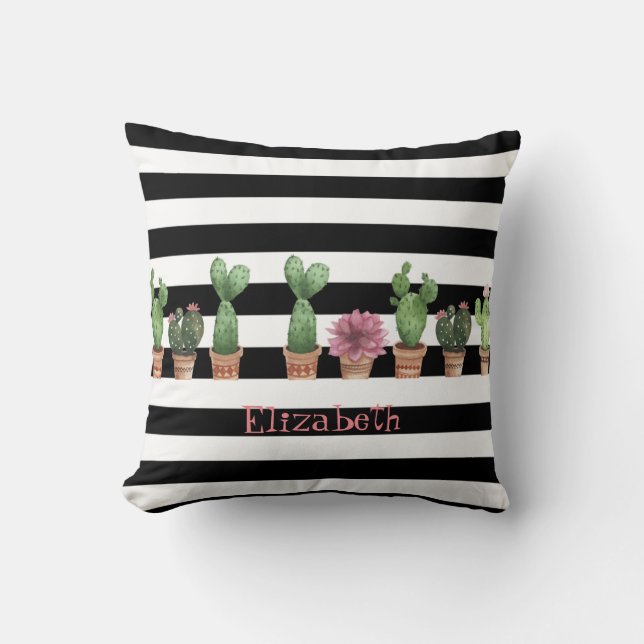 Watercolor Cactus,Black White Stripes Personalised Cushion (Front)