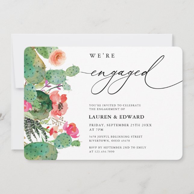 Watercolor Cactus Calligraphy Engagement Party  Invitation (Front)