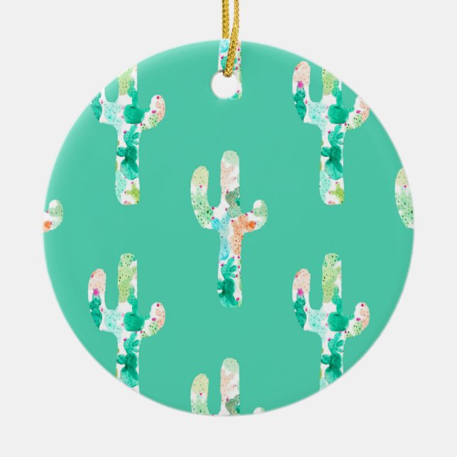 Watercolor Cactus Ceramic Ornament (Front)
