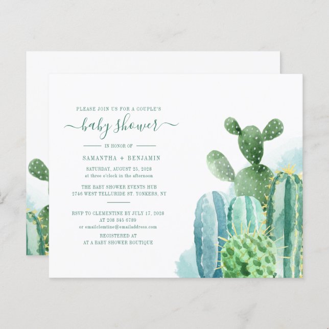 Watercolor Cactus Couples Baby Shower Invitation (Front/Back)