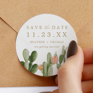 Watercolor Cactus Desert Save the Date Favour Classic Round Sticker